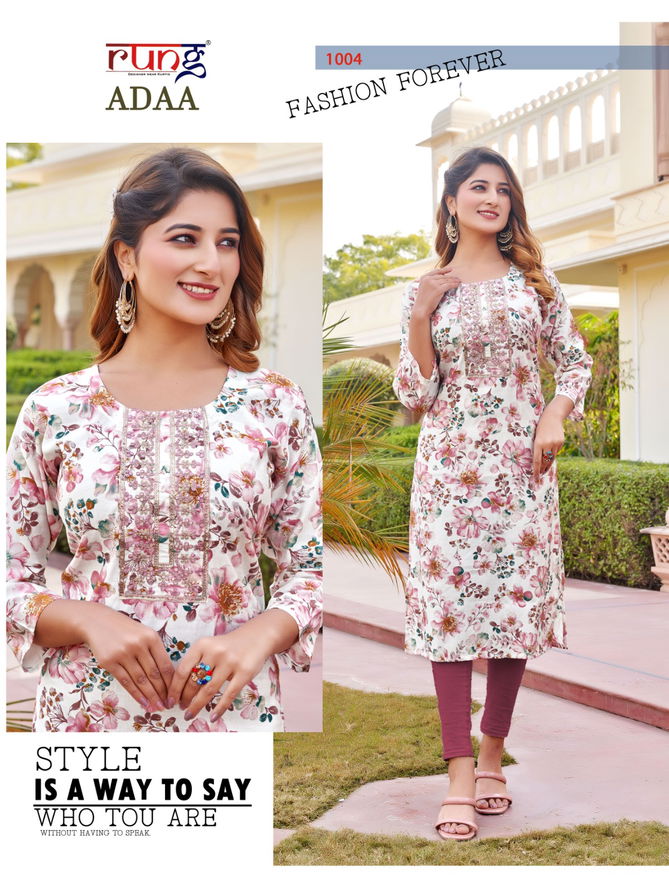 Adaa By Rung Silk Printed Embroidery Kurtis Wholesale Price In Surat
